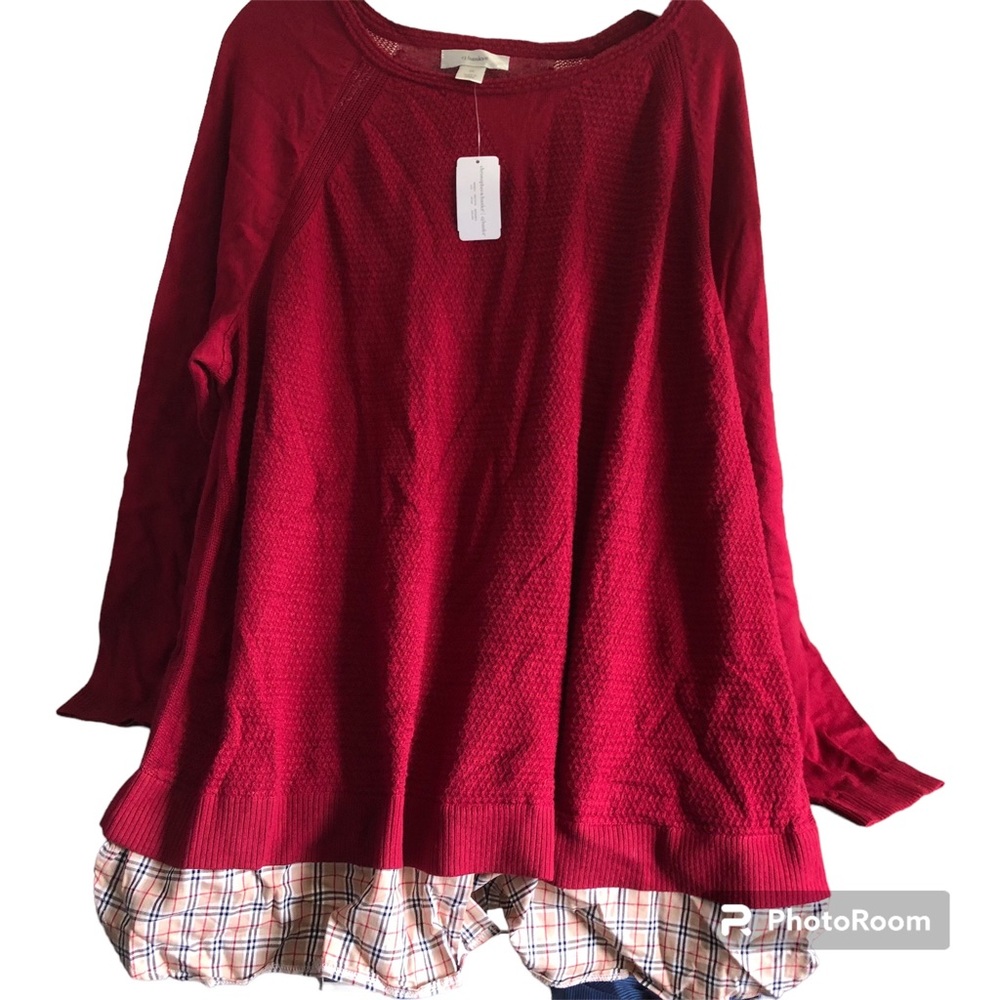 NWT cj banks Long Sleeve Waffle Knit Plaid Accents Top 3X